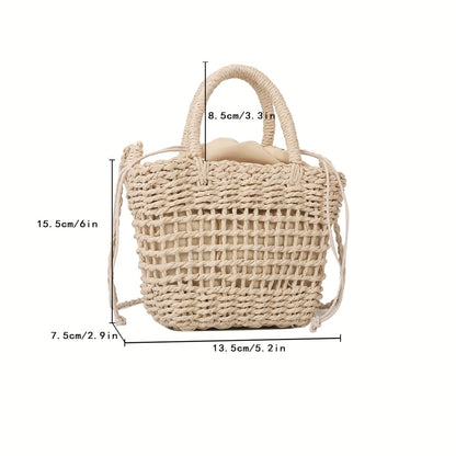 realaiot2024 New Minimalist Hollow Straw Shoulder Bag, Solid Color Top Handle Satchel Bag For Summer Vacation