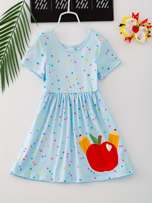 Girls Adorable Fruit Graphic A-line Dress - Short Sleeve, Loose & Comfy for School Days - Lightweight, Breathable Design with Vibrant Prints