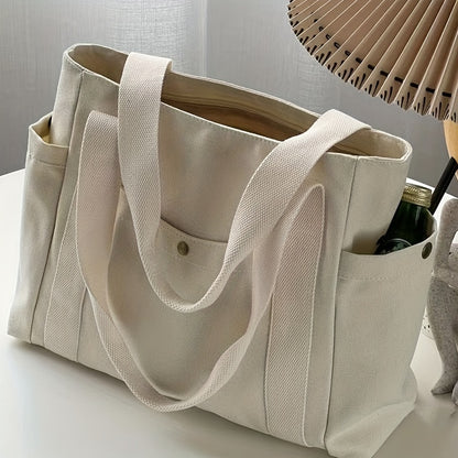 Large Capacity Canvas Tote Bag, Multi Pockets Shoulder Bag, Portable Handbag For School Work Travel Shopping