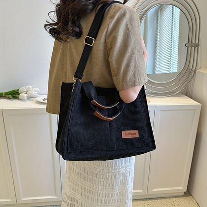 realaiot  Simple Corduroy Tote Bag, Letter Patch Decor Shoulder Bag, Multi Pockets Crossbody Bag