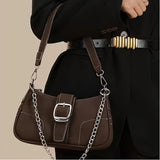 realaiot  Buckle Chain Decor Shoulder Bag, Zipper Stylish Underarm Bag, Faux Leather Versatile Shoulder Bag