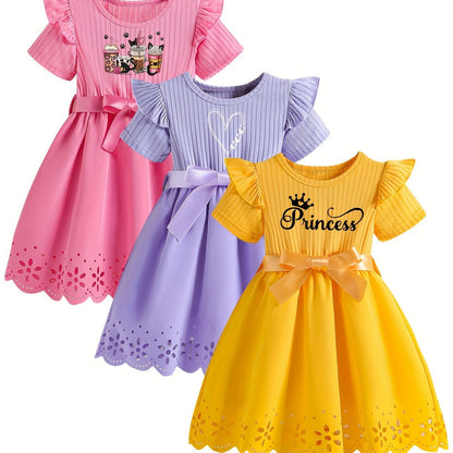 3pcs Girls Adorable Cartoon Character Print Casual Dress Set - Ruffle, Hollow-Out Design, Short Sleeve, Bowknot Belt, Polyester Fabric, Slight Stretch, Regular Fit, Alphabets Pattern, Summer Wear, Knit Fabric