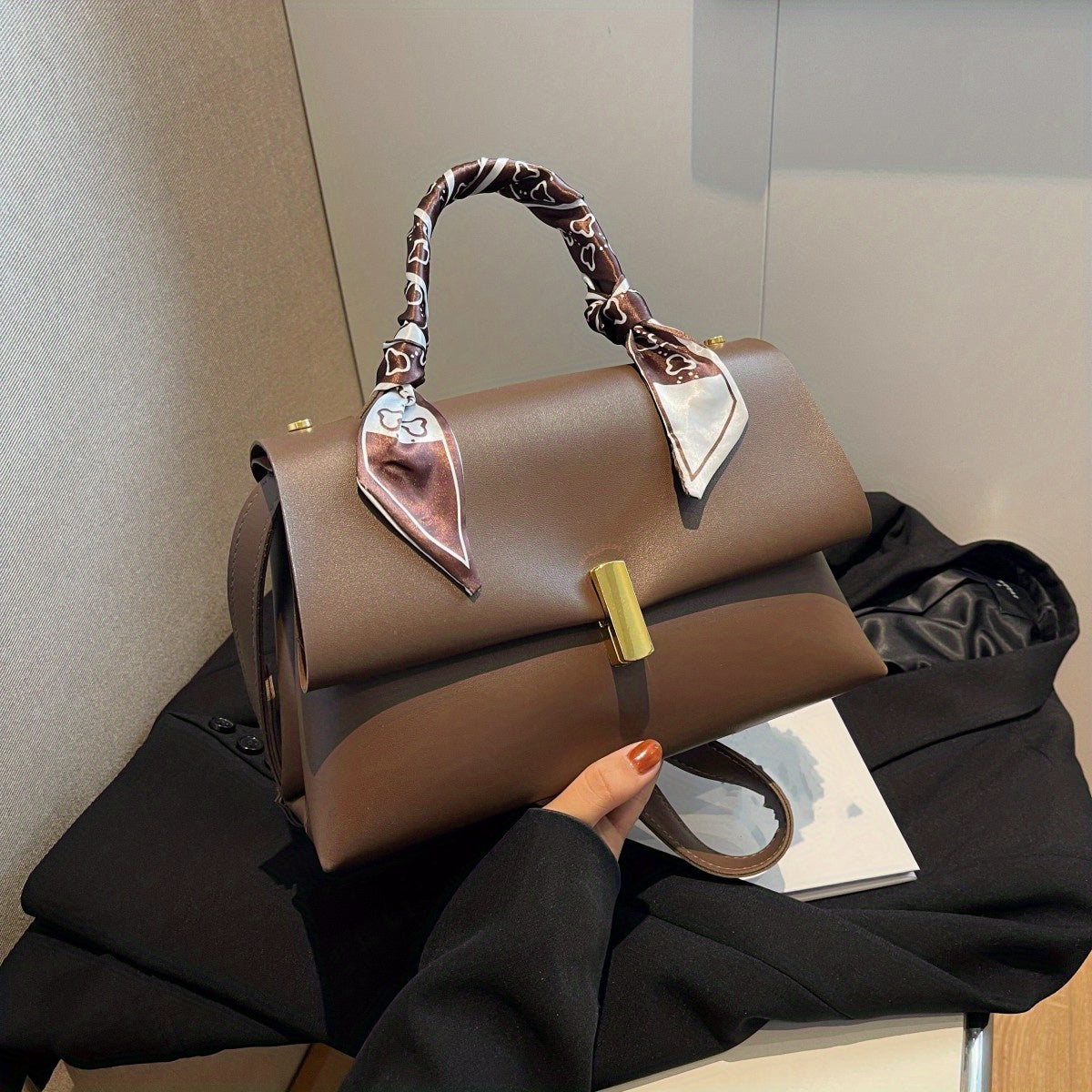 Scarf Handle  Crossbody Flap Bag, PU Leather Textured Bag Purse, Classic Versatile Fashion Shoulder Bag