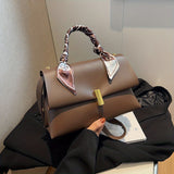 realaiot  Scarf Handle  Crossbody Flap Bag, PU Leather Textured Bag Purse, Classic Versatile Fashion Shoulder Bag
