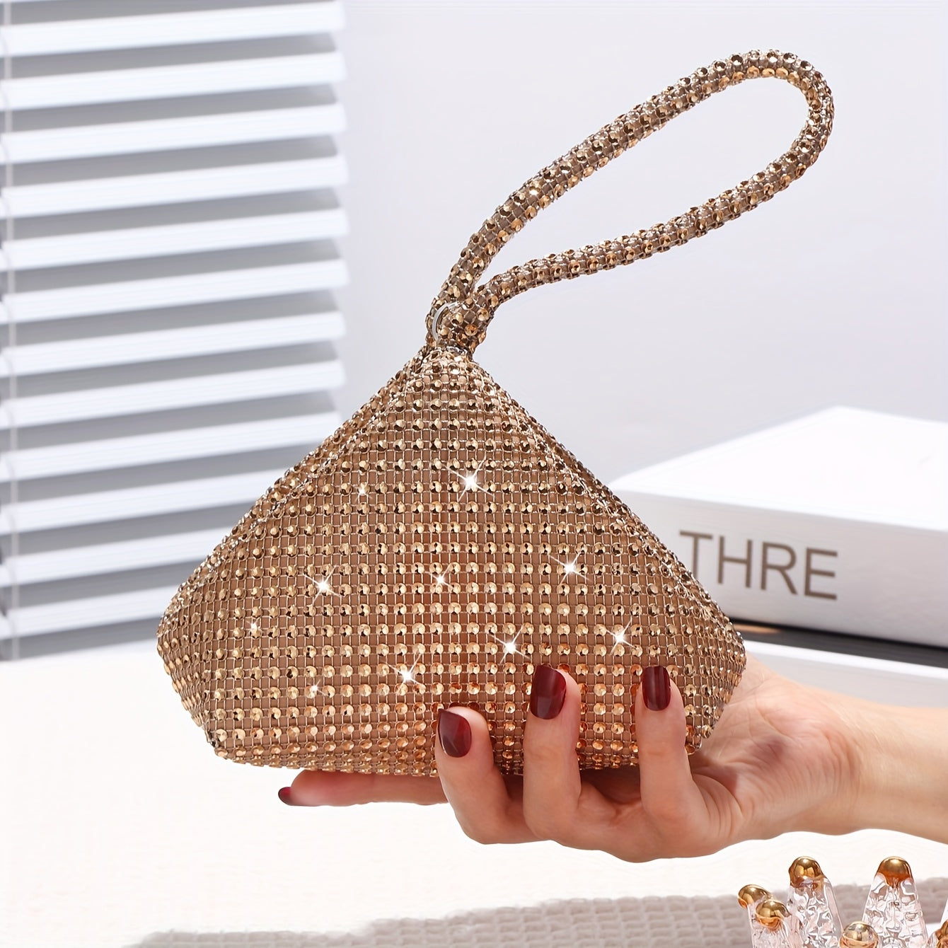 realaiot  Glitter Rhinestone Evening Bag, Luxury Triangle Clutch Purse, Sparkly Handbag For Wedding Party Prom Banquet