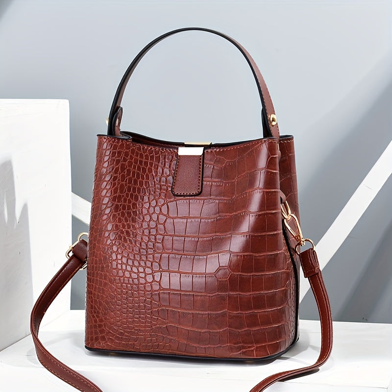 Croc Embossed Bucket Bag, Faux Leather Shoulder Bag Women's Trendy Crossbody Bag