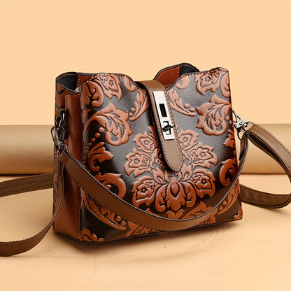 Elegant Flower Pattern Shoulder Bucket Bag, Turn-Lock Handbag For Work, Classic Textured Bag