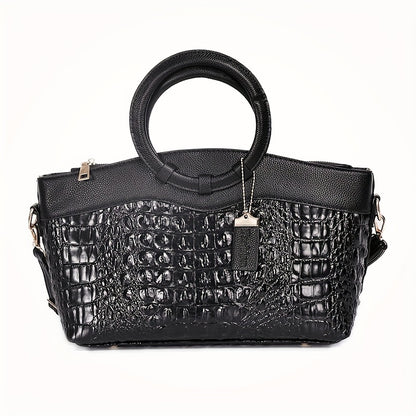 Women's Vintage Shoulder Bag, Crocodile Pattern Satchel Bag With Round Strap, Versatile Handbag