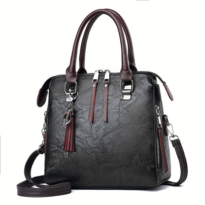 Tassel Decor Satchel Bag, Fashion PU Leather Shoulder Bag, Women's Double Handle Office & Work Purse