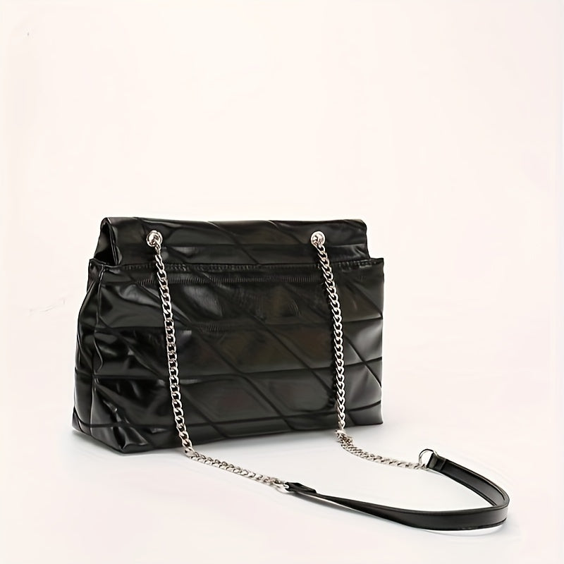 Trendy Chain Crossbody Bag, Women's Quilted Shoulder Bag, Large Capacity Handbag & Flap Purse