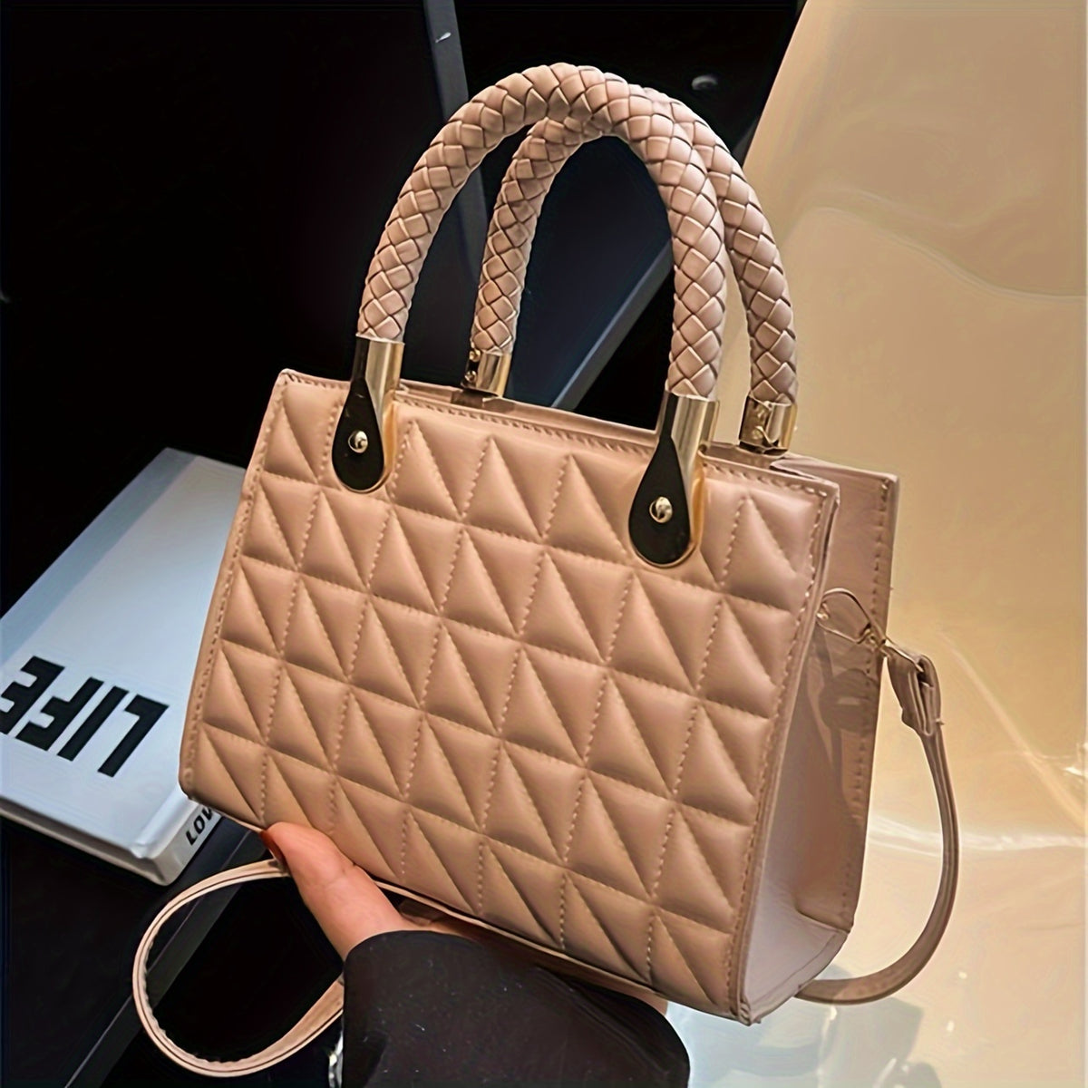 Mini Argyle Quilted Handbag For Women, Solid Color Crossbody Bag, Fashion Top Handle Square Purse