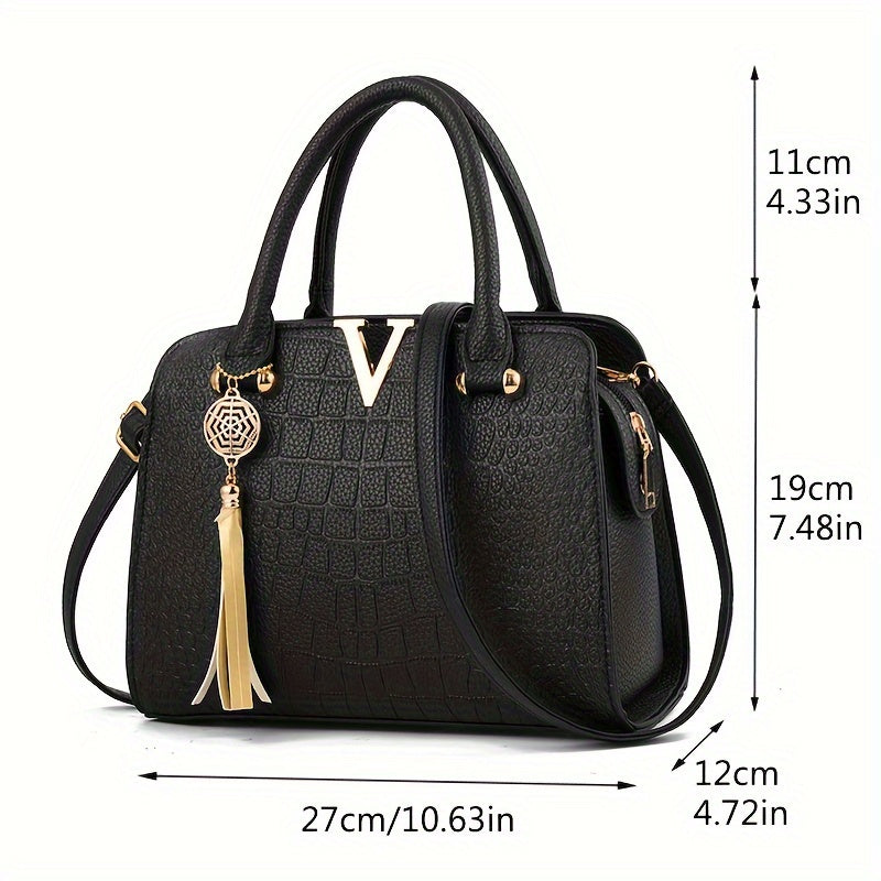 realaiot  Trendy Crocodile Pattern Tote Bag, Tassel Pendant Decor Multi-pocket Shoulder Bag, Perfect Handbag For Commuting Best Gifts for Carnaval