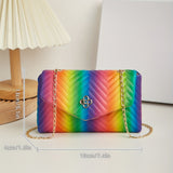 Chevron Quilted Crossbody Bag, Rainbow Design Square Purse, Fashion Chain Shoulder Bag