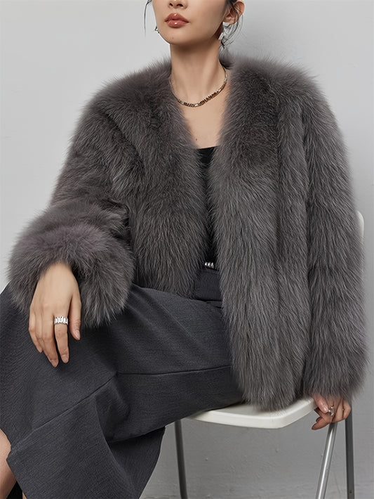 Women's Faux Fur Coat - Elegant Polyester Long Sleeve Winter Coat with Faux Leather Trim and Adult Size