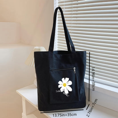 realaiot  Cute Floral Print Tote Bag, Large Capacity Canvas Shoulder Bag, Women's Casual Handbag & Reusable Shopping Bag