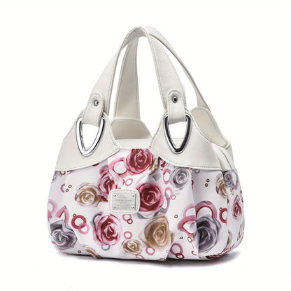 realaiot  Floral Print Top Handle Tote Bag, Fashion PU Satchel Bag, Women's Trendy Casual Handbag & Purse