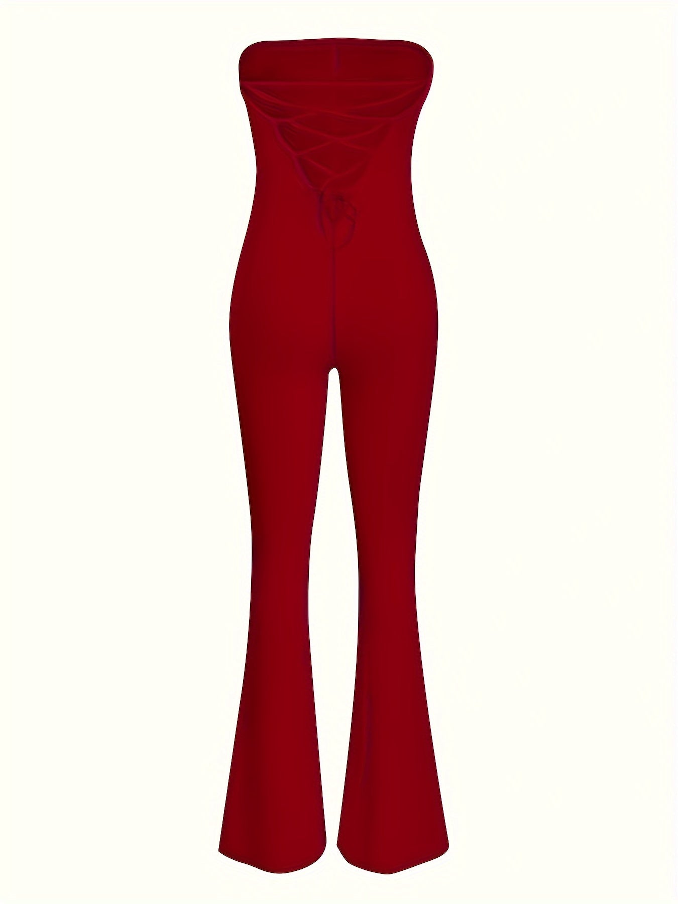 realaiot  Tie Back Off Shoulder Jumpsuit, Party Wear Solid Flared Leg Jumpsuit, Women's Clothing