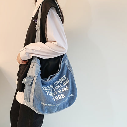 Letter Print Crossbody Bag, Vintage Denim Hobo Bag, Large Capacity Shoulder Bag For School Office Travel