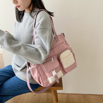 Colorblock Casual Shoulder Bag, Large Capacity Crossbody Canvas Bag, Women's All-Match School Bag