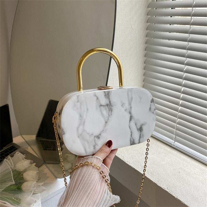 realaiot  Marble Textured Oval Handbag, Mini Chain Crossbody Bag, Trendy Box Purse For Women