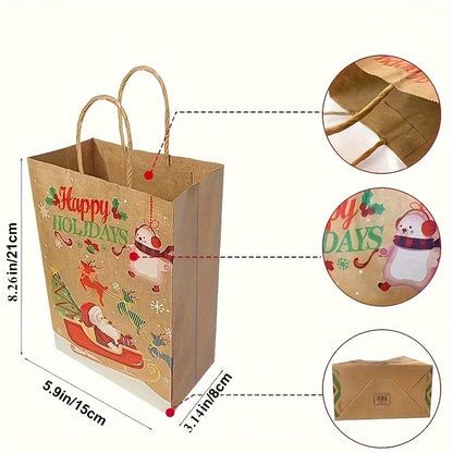 8pcs Christmas Series Kraft Paper Gift Bags With Handles, For Festive Holiday Parties Birthdays Candy Gifts Packaging, Cartoon Elk Snowman Christmas Tree Hat And Other Printed Tote Bag For Christmas Presents, Portable, Easy To Carry - Perfect For Mom, Dad