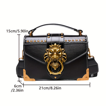 Mini Vintage Crossbody Bag, Metal Lion Head Shoulder Bag, Punk Style PU Leather Zipper Purse