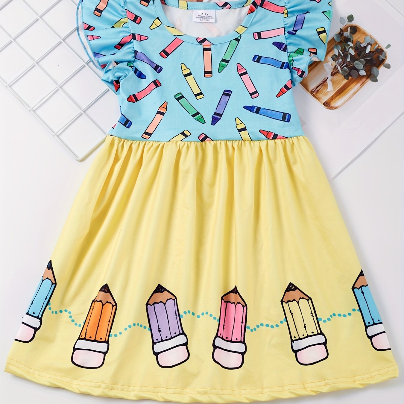 Toddler Girls Ruffle Trim Colorful Crayon Graphic Princess Dress For Back To School Season Party, Cute Kids Summer Clothes