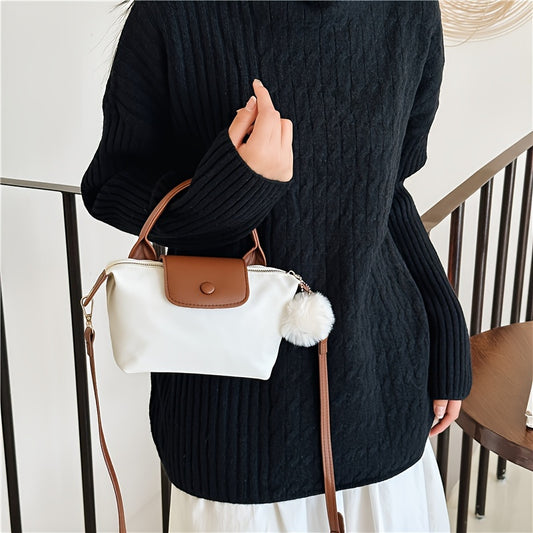 Trendy Pompom Decor Mini Crossbody Bag, Simple Solid Color Zipper Handbag, Perfect Shoulder Bag For Daily Use