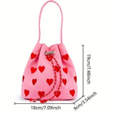 realaiot  Heart Embroidery Bucket Bag, Y2K Style Crossbody Bag, Women's Mini Pink Handbag