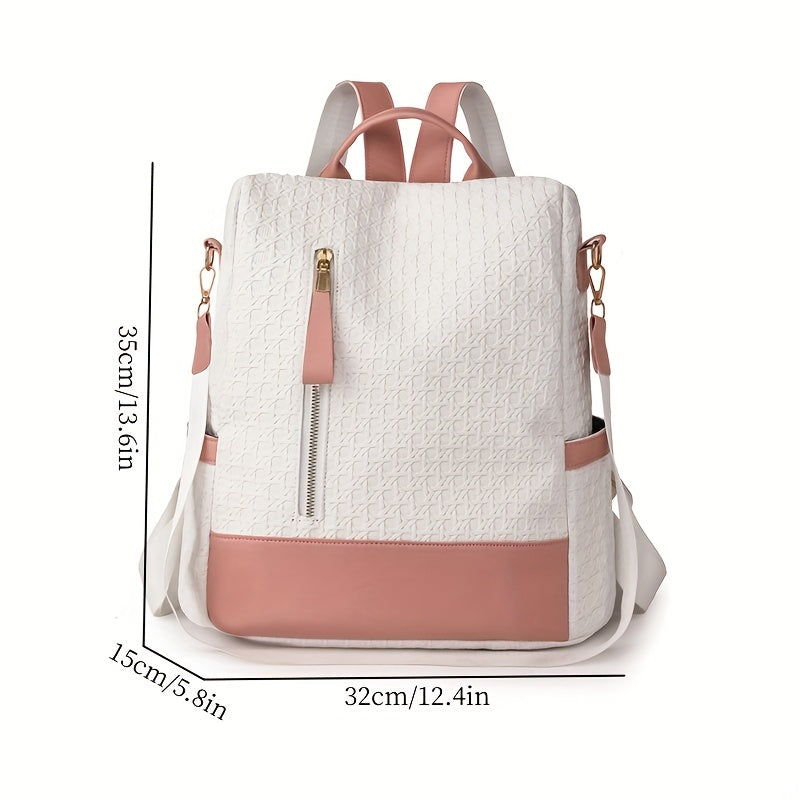 Colorblock Backpack Purse For Women, Geometric Embossed Shoulder Bag, Anti-theft Travel Laptop Schoolbag