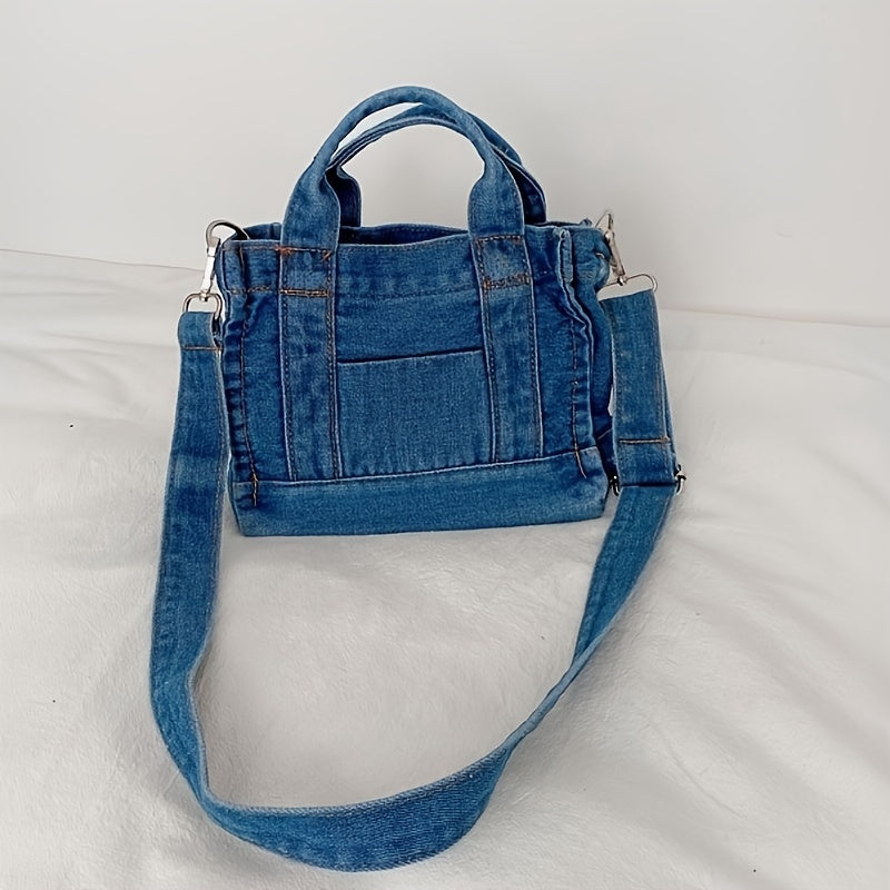 realaiot  Trendy Denim Quilted Tote Bag, Solid Color Square Shoulder Bag, Perfect Crossbody Bag For Daily Use
