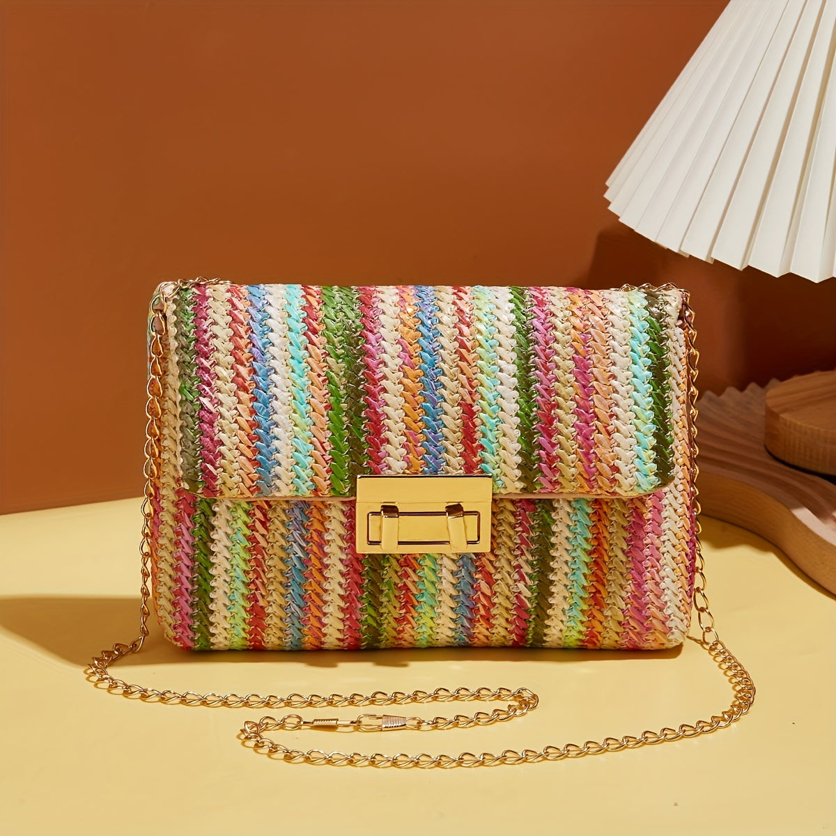 realaiot  Colorful Straw Woven Beach Bag, Fashion Chain Crossbody Bag, Women's Rainbow Design Square Purse