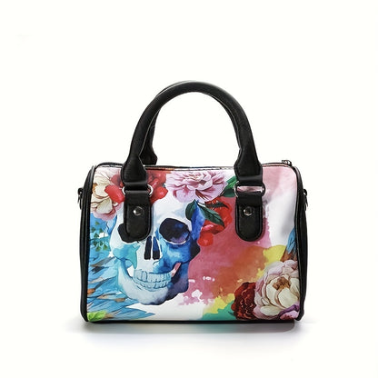 realaiot  Floral Skull Print Boston Bag, Fashion Top Handle Crossbody Bag, Women's Gothic Handbag, Shoulder Bag & Purse