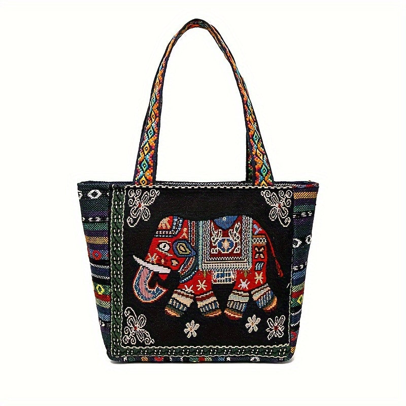 realaiot  New Ethnic Style Shoulder Bag, Butterfly Elephant Pattern Casual Travel Storage Tote Bag For Women