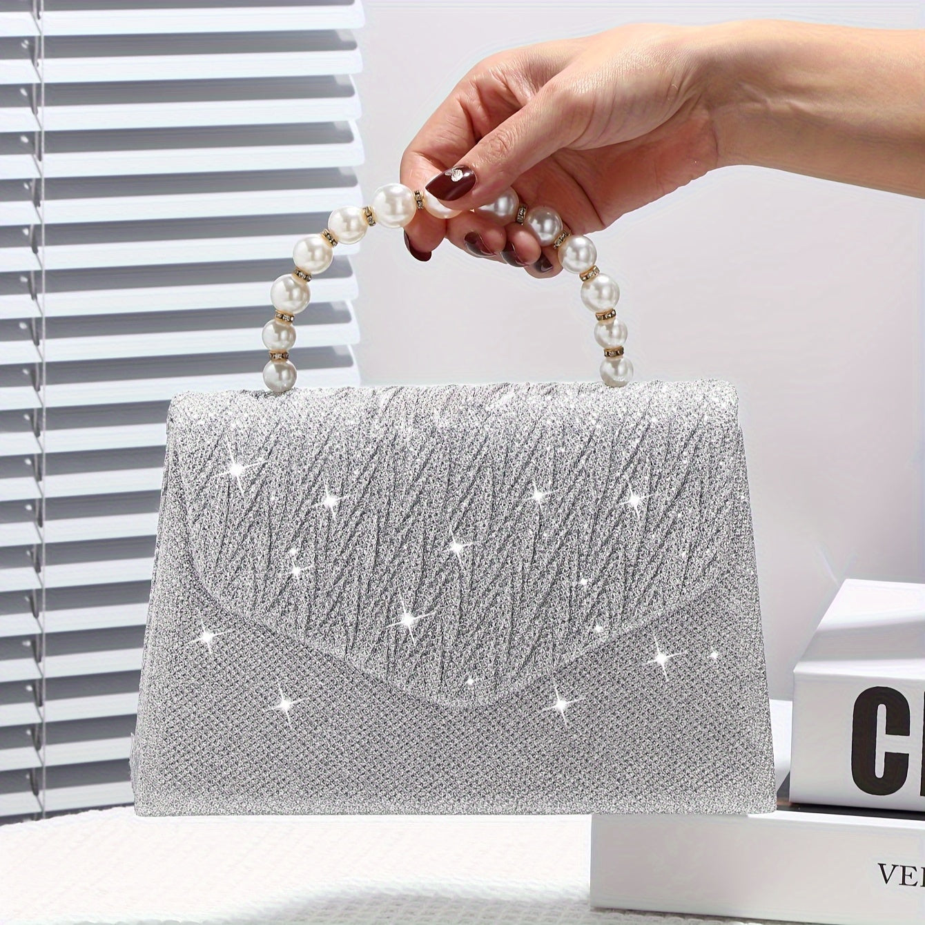 realaiot  Luxury Glitter Pleated Evening Bag, Elegant Faux Pearl Handle Clutch Purse, Women's Dress Handbag For Wedding Party Prom Banquet