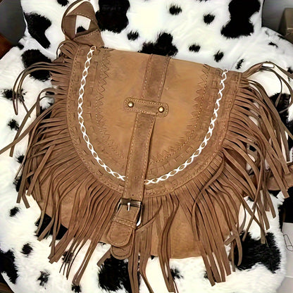 realaiot  Imitation Suede Fringe Hobo Bag, Vintage Tassel Crossbody Bag, Trendy Western Style Flap Shoulder Bag