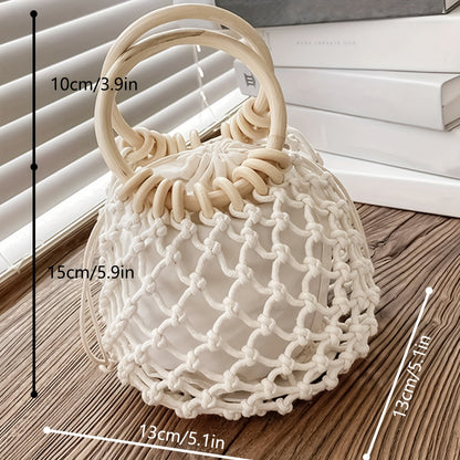 realaiotHollow Out Woven Handbag, Fashion Drawstring Bucket Bag, Women Round Handle Clutch Bag