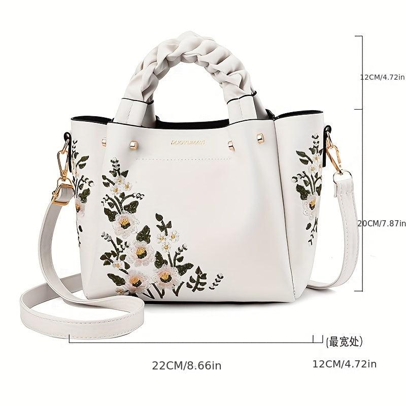 realaiot  Classic Flower Embroidered Tote Bag, Elegant Satchel Bag With Twisted Strap, All-Match Bag For Work