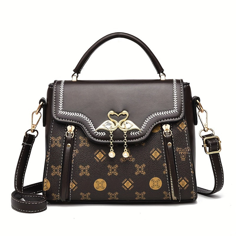 realaiot  Fashion Printed Handbags, Swan Decor Crossbody Bag, Women's Top Handle Flap Purses