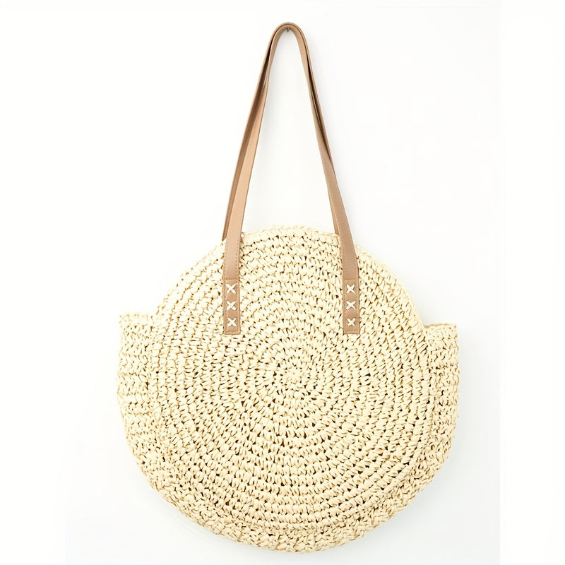 realaiot  Round Straw Beach Bag, Bohemian Travel Shoulder Bag, Women's Woven Handbags For Travel Holiday