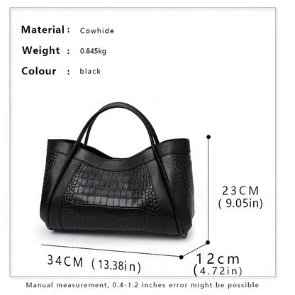 realaiot  Black Crocodile Embossed Handbag, Large Capacity Zipper Tote Bag, Genuine Leather Detachable Strap Crossbody Bag