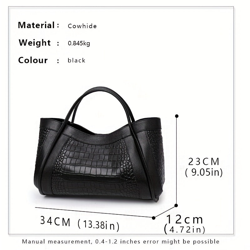 realaiot Black Crocodile Embossed Handbag, Large Capacity Zipper Tote Bag, Genuine Leather Detachable Strap Crossbody Bag