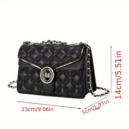 realaiot  Letter "M" Flap Square Shoulder Bag For Women, Argyle Pattern Chain Elegant Chic Crossbody Bag