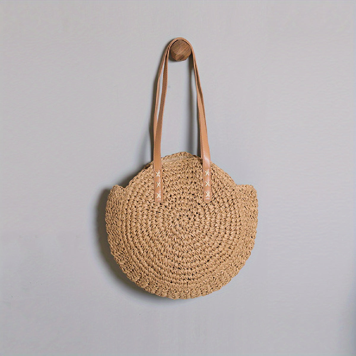 realaiot  Woven Straw Round Handbags, Hollow Out Summer Beach Bag, Women's Large Capacity Shoulder Bag