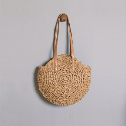 realaiot  Woven Straw Round Handbags, Hollow Out Summer Beach Bag, Women's Large Capacity Shoulder Bag