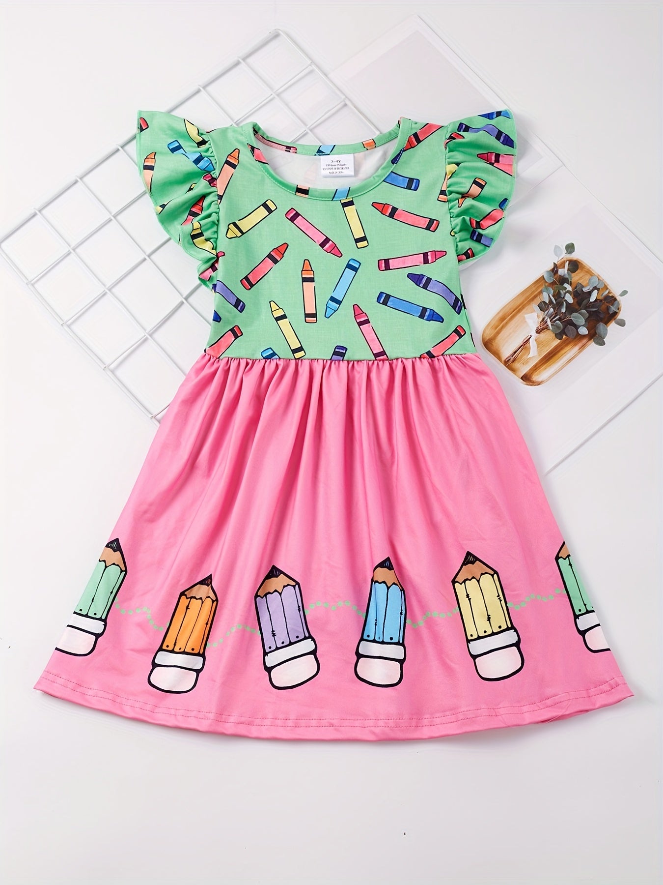 Toddler Girls Ruffle Trim Colorful Crayon Graphic Princess Dress For Back To School Season Party, Cute Kids Summer Clothes