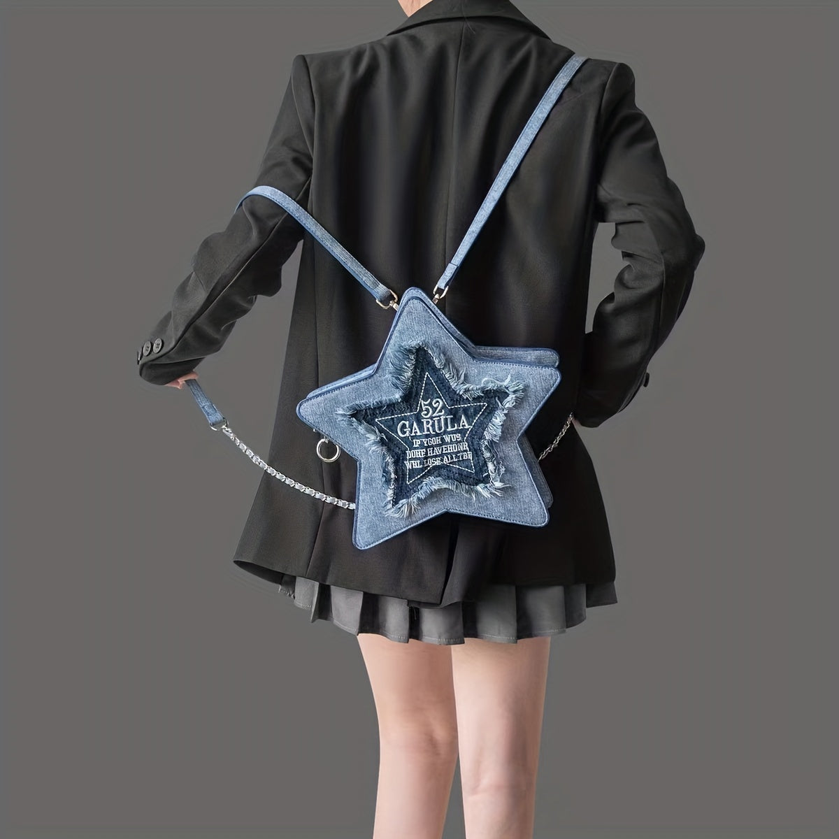 realaiot  Denim Star Shaped Backpack, Y2K Fringed Pentagram Crossbody Bag, Trendy Chain Shoulder Bag With Embroidery Letter