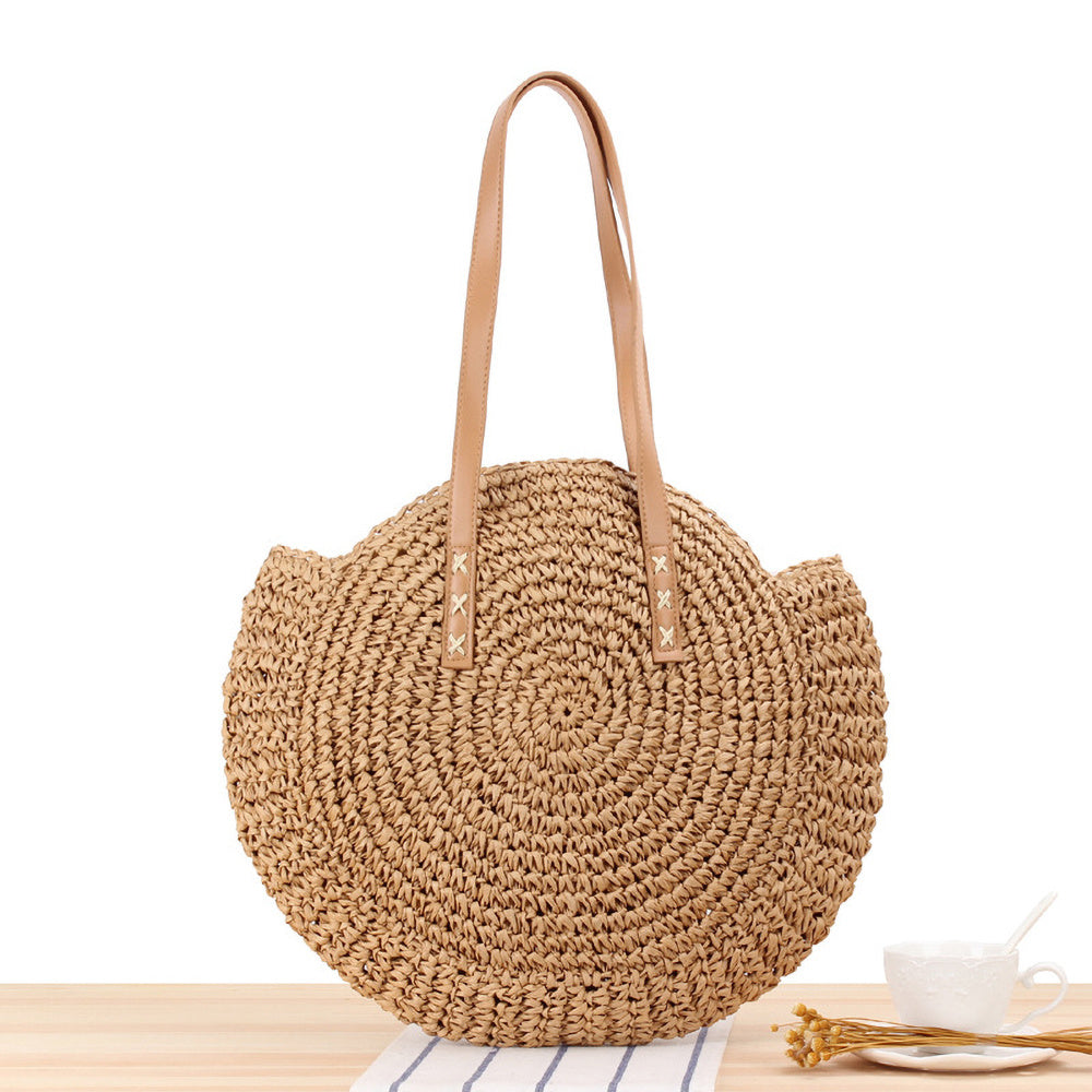 realaiot  Hollow-Out Straw Handbag, Fashion Woven Beach Bag, Round Large Capacity Shoulder Bag