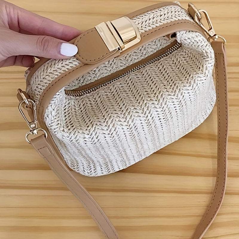 realaiot  Straw Woven Handbags, Fashion Braided Crossbody Bag, Portable Travel Beach Bag For Holiday