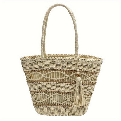 Summer Woven Straw Bag, Bohemian Tassel Decor Tote Bag, Retro Paper Straw Shoulder Bag For Travel Seaside Beach